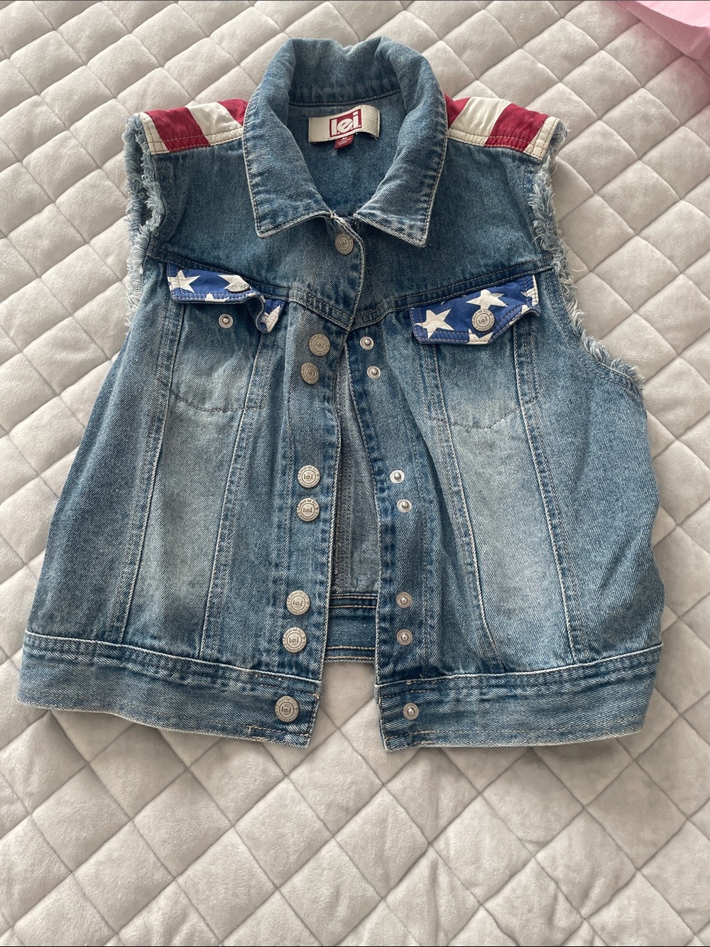 Levi's Kids Blue Denim Sleeveless Vest with Red and White Flag Accents
